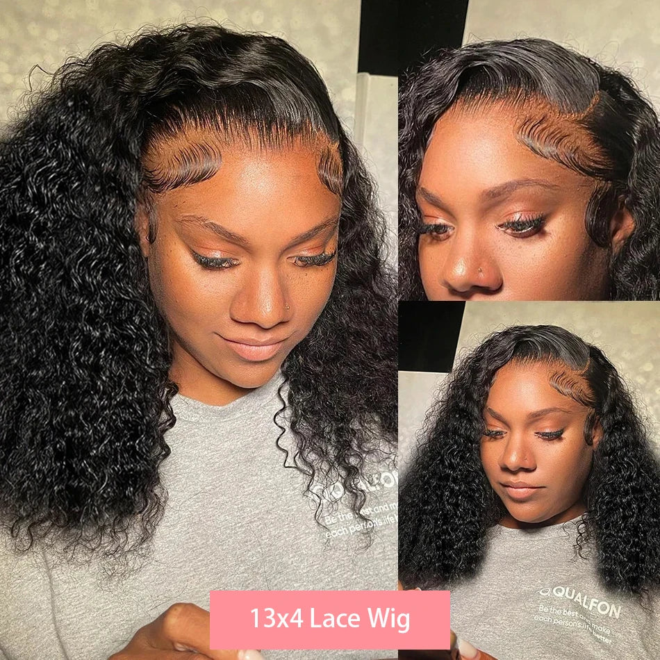 230% Curly Deep Wave 13x4 HD Lace Front Wigs Short Bob Wig 14 16 Inch Brazilian 100% Human Hair 4x4 Transparent Lace Frontal Wig