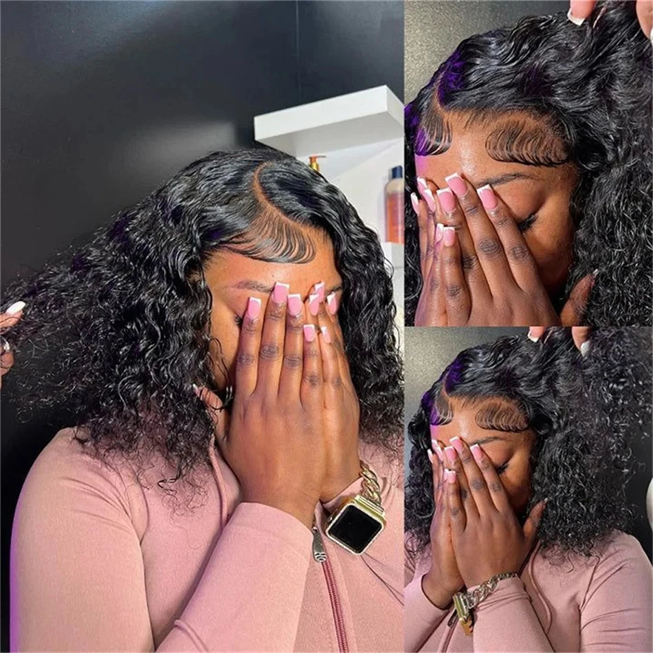 230% Curly Deep Wave 13x4 HD Lace Front Wigs Short Bob Wig 14 16 Inch Brazilian 100% Human Hair 4x4 Transparent Lace Frontal Wig